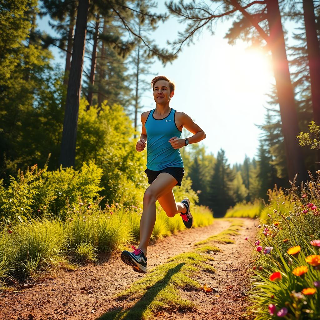 A vibrant scene depicting a dynamic runner in mid-stride on a sunlit trail, surrounded by lush greenery and colorful wildflowers