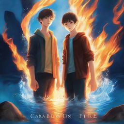 A high-quality digital art book cover, showcasing two teenage boys imbued with the magic of fire and water