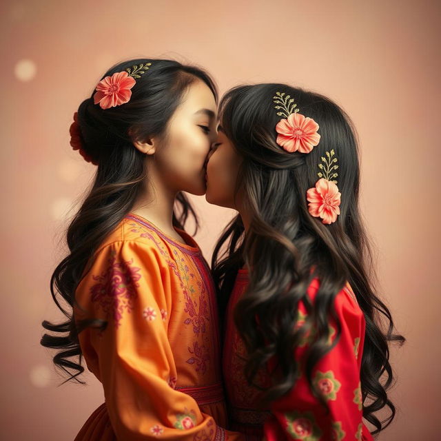 A tender moment between two Iranian girls sharing a heartfelt kiss, set against a soft, dreamy background of pastel colors