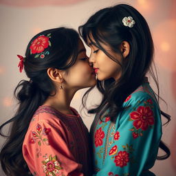 A tender moment between two Iranian girls sharing a heartfelt kiss, set against a soft, dreamy background of pastel colors