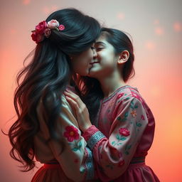 A tender moment between two Iranian girls sharing a heartfelt kiss, set against a soft, dreamy background of pastel colors