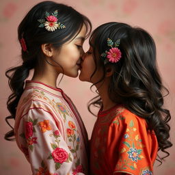 A tender moment between two Iranian girls sharing a heartfelt kiss, set against a soft, dreamy background of pastel colors