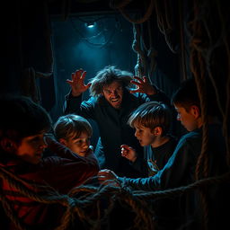 A gripping scene depicting children engrossed in a horror game within a dark, intricately designed maze