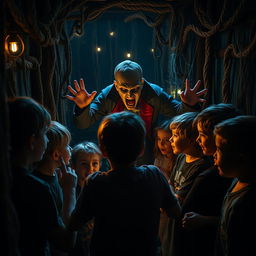 A gripping scene depicting children engrossed in a horror game within a dark, intricately designed maze