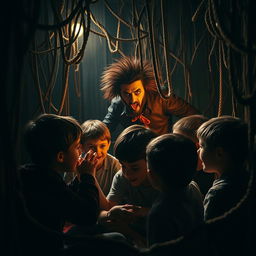 A gripping scene depicting children engrossed in a horror game within a dark, intricately designed maze