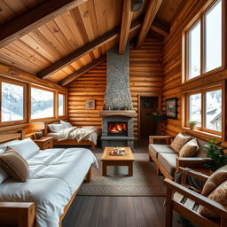 A cozy Swiss cabin interior measuring 60 square meters with two bedrooms