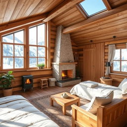 A cozy Swiss cabin interior measuring 60 square meters with two bedrooms