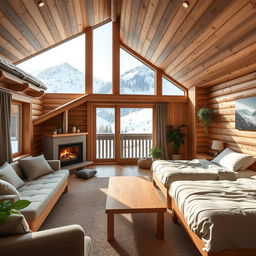 A cozy Swiss cabin interior measuring 60 square meters with two bedrooms