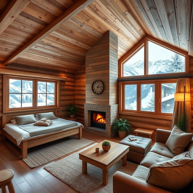 A cozy Swiss cabin interior measuring 60 square meters with two bedrooms