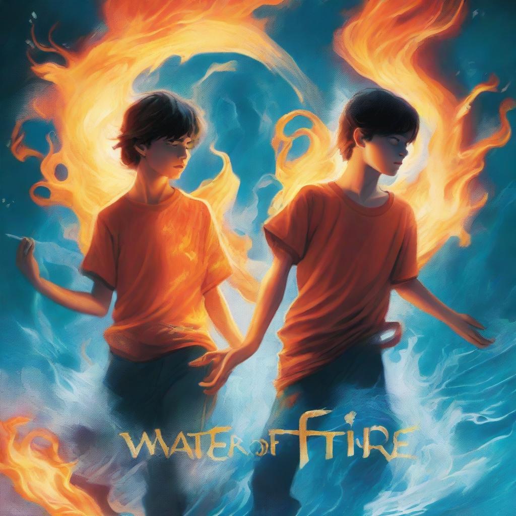 An enchanting digital art book cover, illustrating two teenage boys, each possessing the magic of fire and water