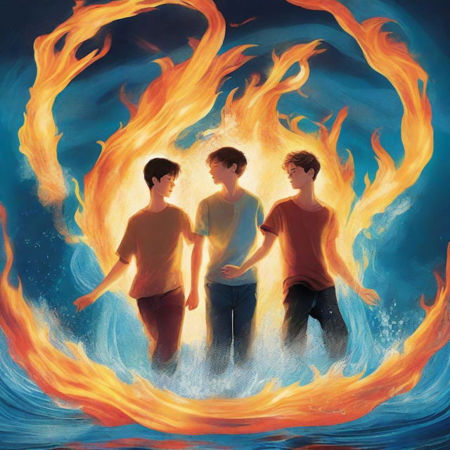 An enchanting digital art book cover, illustrating two teenage boys, each possessing the magic of fire and water