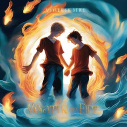 An enchanting digital art book cover, illustrating two teenage boys, each possessing the magic of fire and water