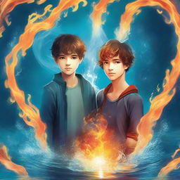 An enchanting digital art book cover, illustrating two teenage boys, each possessing the magic of fire and water