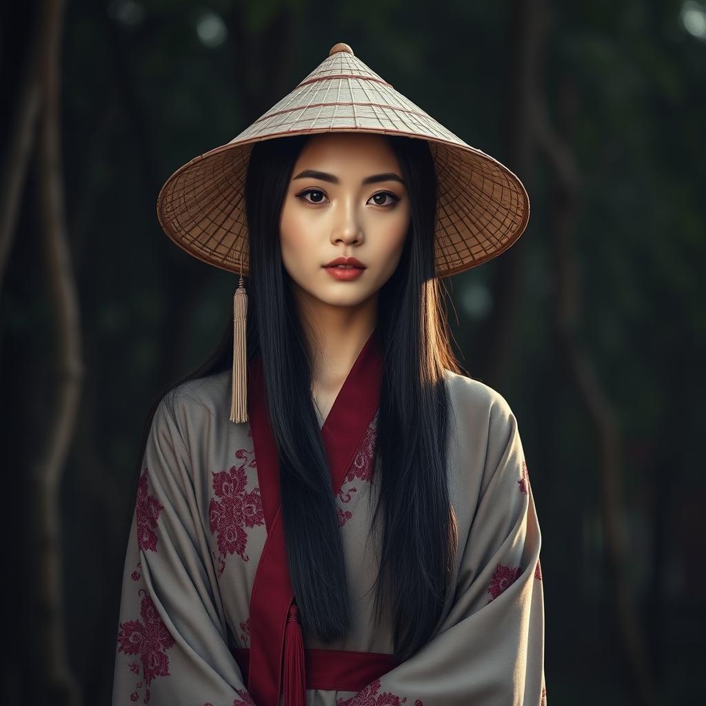 A photorealistic portrait of a young woman with long black hair, wearing a traditional Asian-style conical straw hat