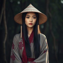 A photorealistic portrait of a young woman with long black hair, wearing a traditional Asian-style conical straw hat