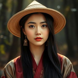 A photorealistic portrait of a young woman with long black hair, wearing a traditional Asian-style conical straw hat