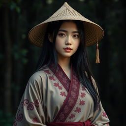 A photorealistic portrait of a young woman with long black hair, wearing a traditional Asian-style conical straw hat