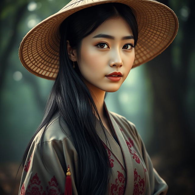 A photorealistic portrait of a young woman with long black hair, wearing a traditional Asian-style conical straw hat