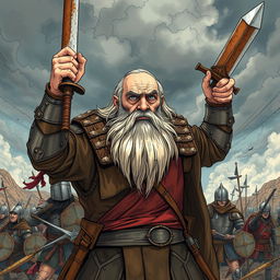 An old, crooked, and weathered man with a long beard and a determined expression leads the Stuweth dynasty into battle