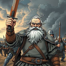 An old, crooked, and weathered man with a long beard and a determined expression leads the Stuweth dynasty into battle