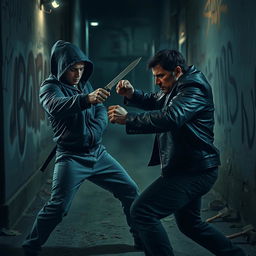 A tense and dramatic scene depicting two skilled fighters engaged in a knife fight in an urban alleyway