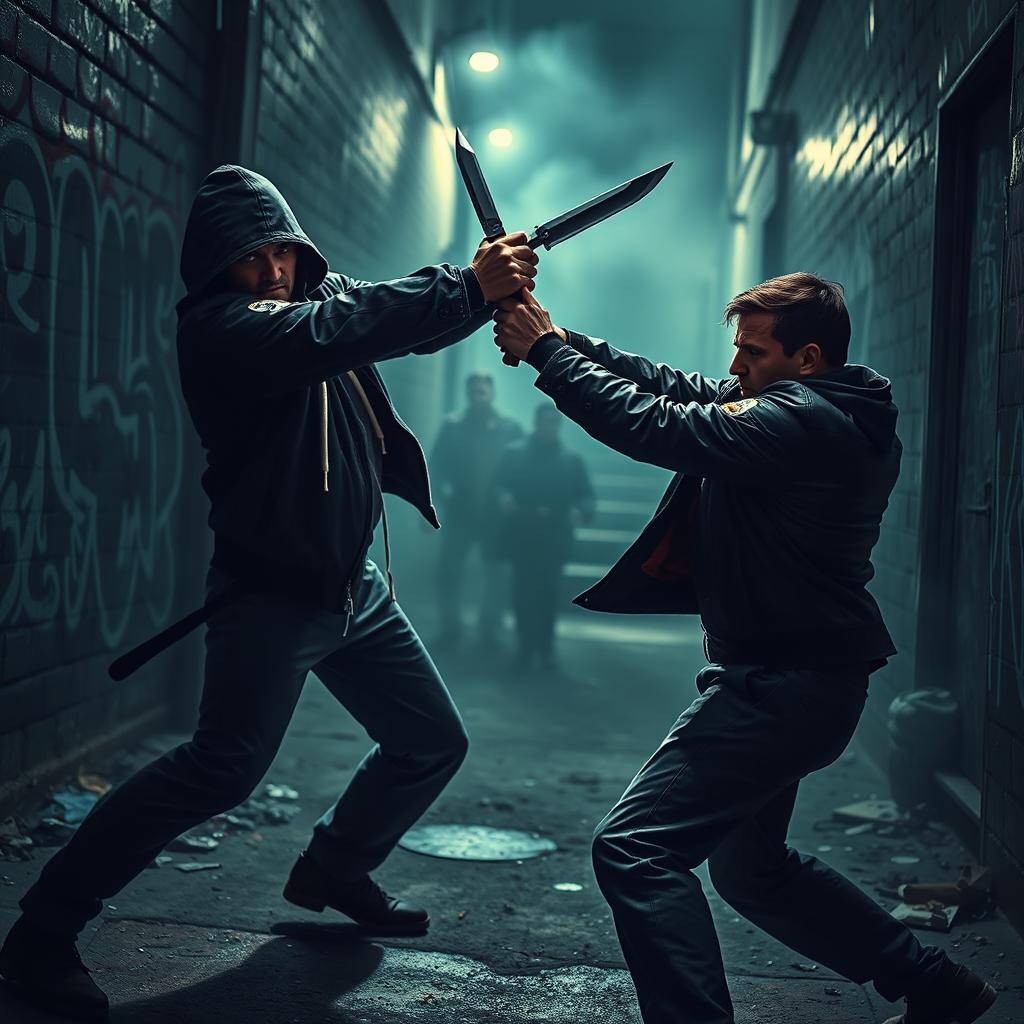 A tense and dramatic scene depicting two skilled fighters engaged in a knife fight in an urban alleyway