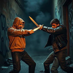 A tense and dramatic scene depicting two skilled fighters engaged in a knife fight in an urban alleyway
