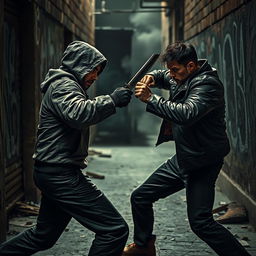 A tense and dramatic scene depicting two skilled fighters engaged in a knife fight in an urban alleyway