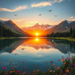 A breathtaking landscape depicting a serene mountain range during sunset, with warm golden hues reflecting off snow-capped peaks