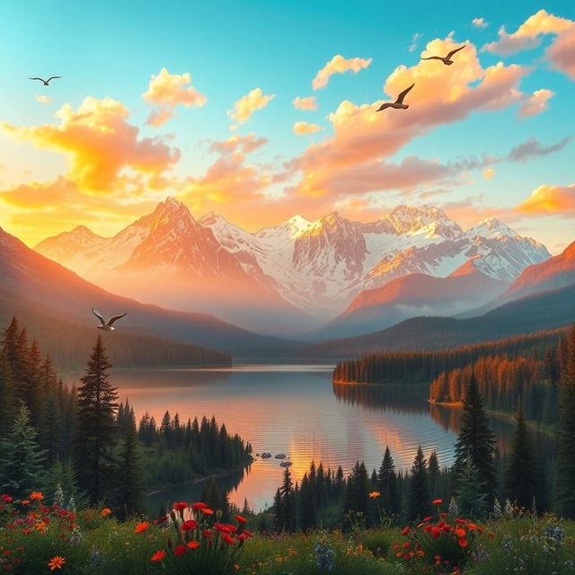 A breathtaking landscape depicting a serene mountain range during sunset, with warm golden hues reflecting off snow-capped peaks