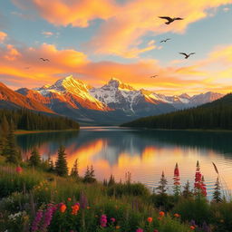 A breathtaking landscape depicting a serene mountain range during sunset, with warm golden hues reflecting off snow-capped peaks