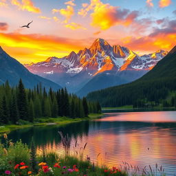 A breathtaking landscape depicting a serene mountain range during sunset, with warm golden hues reflecting off snow-capped peaks