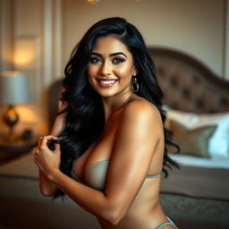 A beautiful and confident Latina woman with curvy features, posing artistically in a sensual yet tasteful manner