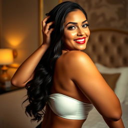 A beautiful and confident Latina woman with curvy features, posing artistically in a sensual yet tasteful manner
