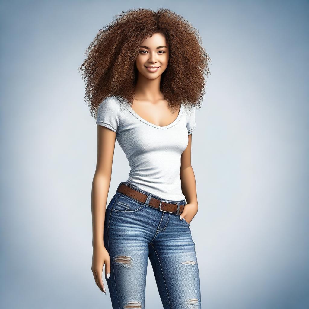 A digitally rendered image of a young woman with curly hair