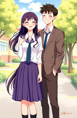 A semi-realistic illustration of a couple in school uniforms, capturing a tender moment shared between them
