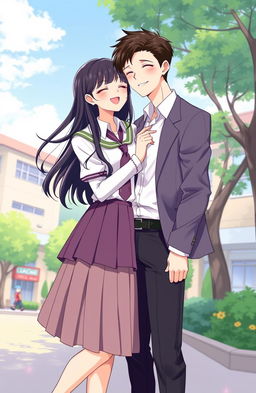A semi-realistic illustration of a couple in school uniforms, capturing a tender moment shared between them