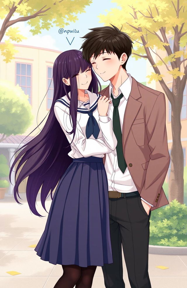 A semi-realistic illustration of a couple in school uniforms, capturing a tender moment shared between them