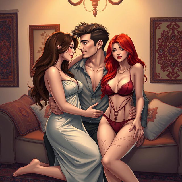 A vivid and intimate illustration of an Iranian threesome, featuring three beautiful individuals