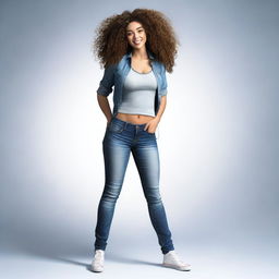 A digitally rendered image of a young woman with curly hair