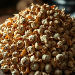 A visually captivating, large pile of garlic peels, arranged in a natural, organic manner