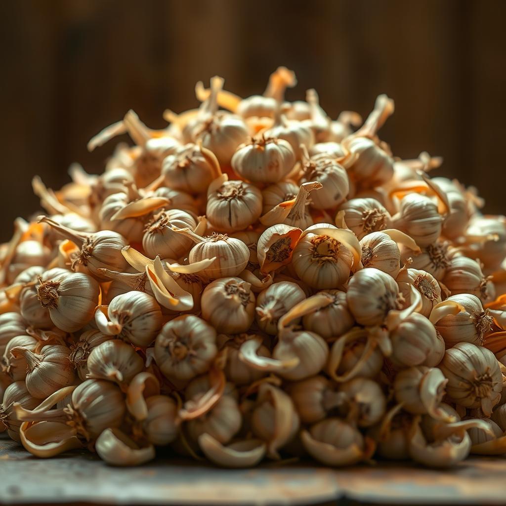 A visually captivating, large pile of garlic peels, arranged in a natural, organic manner