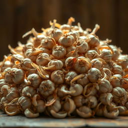 A visually captivating, large pile of garlic peels, arranged in a natural, organic manner