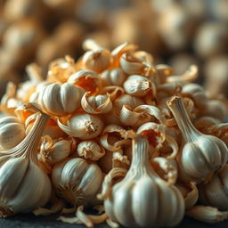 A visually captivating, large pile of garlic peels, arranged in a natural, organic manner