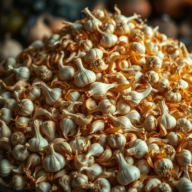 A visually captivating, large pile of garlic peels, arranged in a natural, organic manner