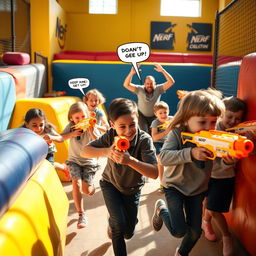 An action-packed scene of children enthusiastically playing with Nerf blasters in a specially designed arena