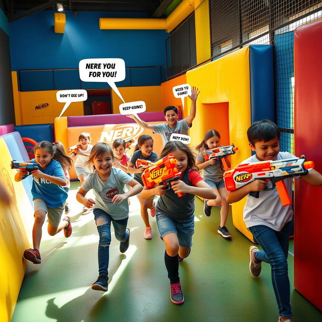 An action-packed scene of children enthusiastically playing with Nerf blasters in a specially designed arena