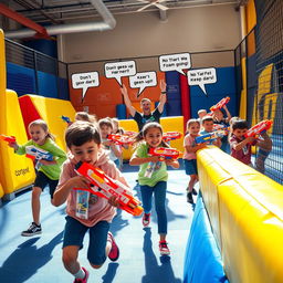 An action-packed scene of children enthusiastically playing with Nerf blasters in a specially designed arena