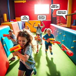 An action-packed scene of children enthusiastically playing with Nerf blasters in a specially designed arena