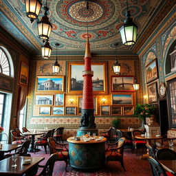 A spacious and vibrant café located in Iran, filled with an atmosphere inspired by Istanbul